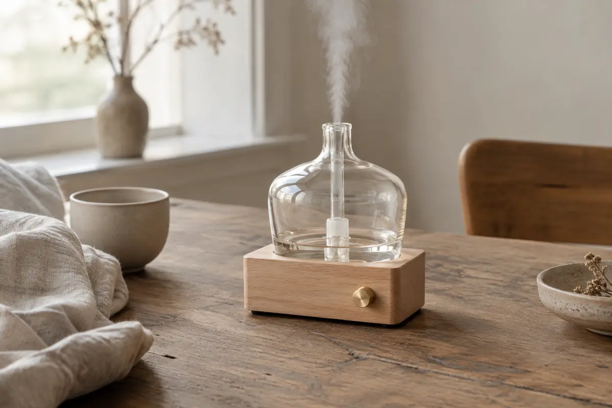 Diffuseur sans fil en verre transparent et bois de hêtre posé sur une table dans un intérieur calme