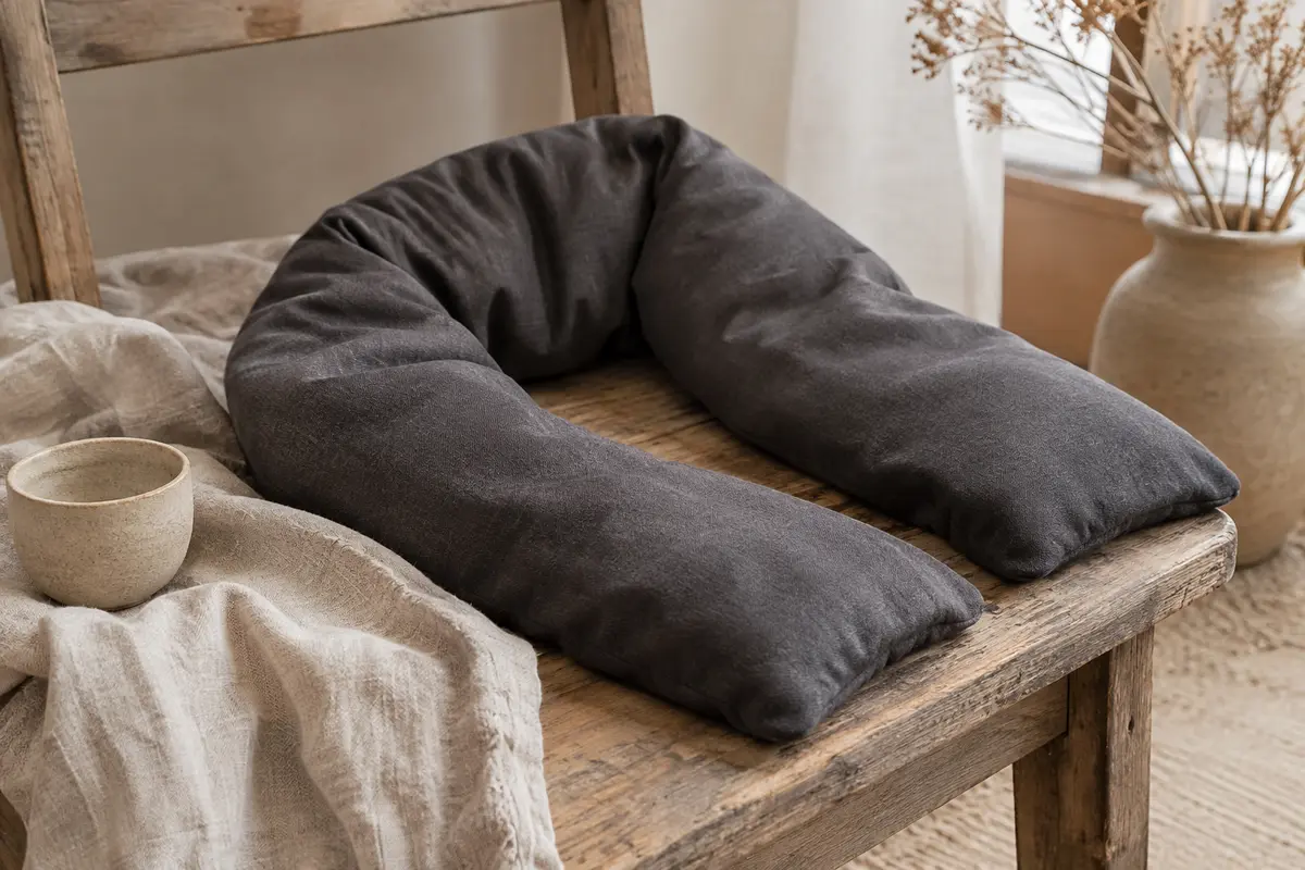 Bouillotte cervicale en tissu gris anthracite posée sur du lin froissé dans un intérieur calme