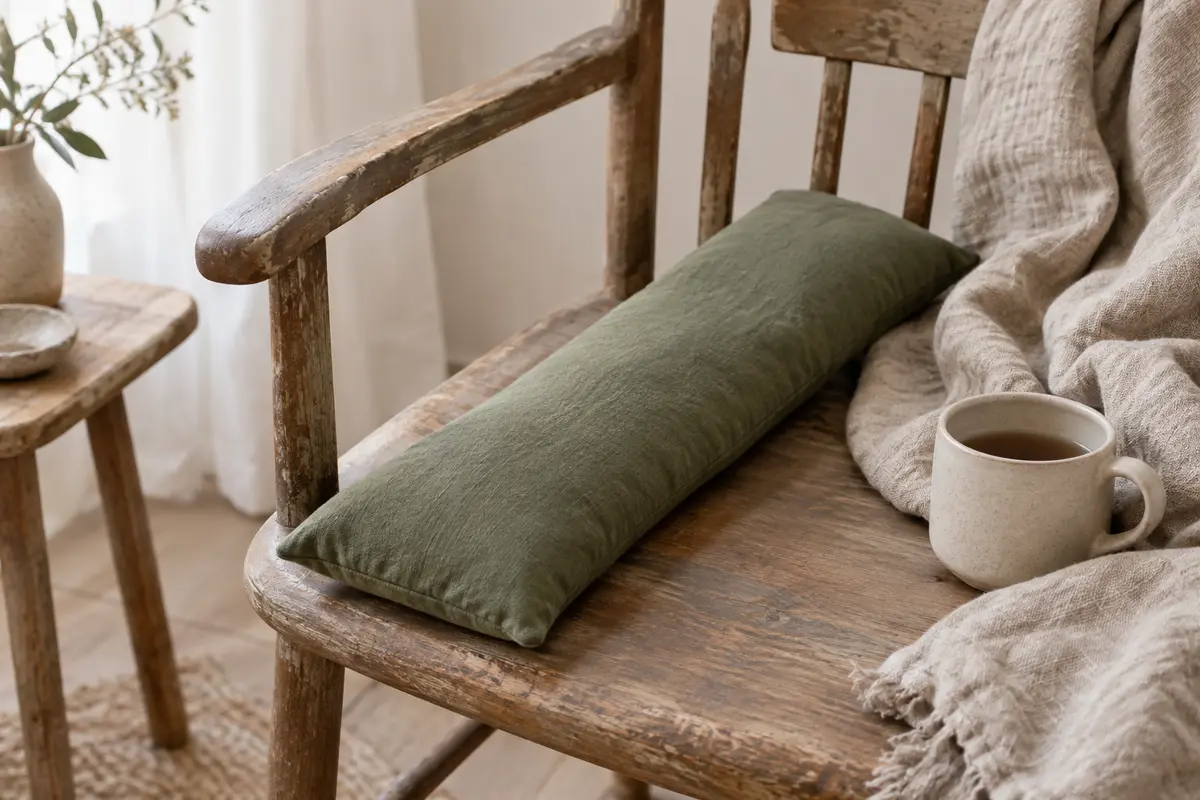 Bouillotte sèche longue verte aux graines de lin posée sur un fauteuil avec un plaid de lin
