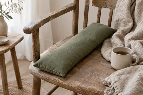 Bouillotte sèche longue verte aux graines de lin posée sur un fauteuil avec un plaid de lin