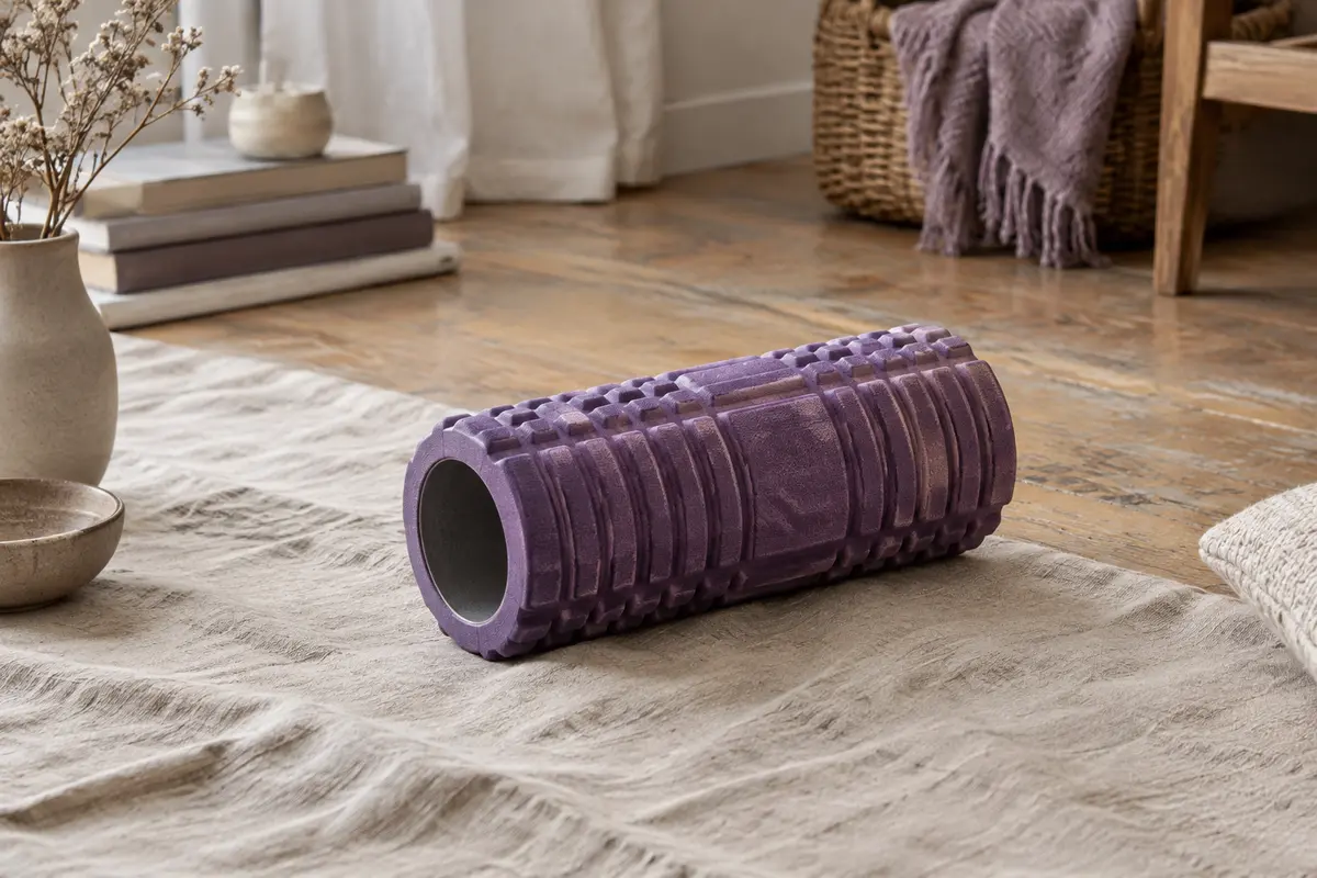 Rouleau de massage violet à bosses et stries posé sur du lin dans un intérieur calme