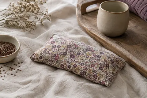 Bouillotte sèche rectangulaire en coton multicolore, garnie de graines de lin, posée sur du lin froissé.