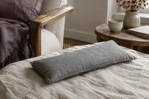 Bouillotte sèche lombaire grise en coton posée à plat sur du lin froissé dans un intérieur calme