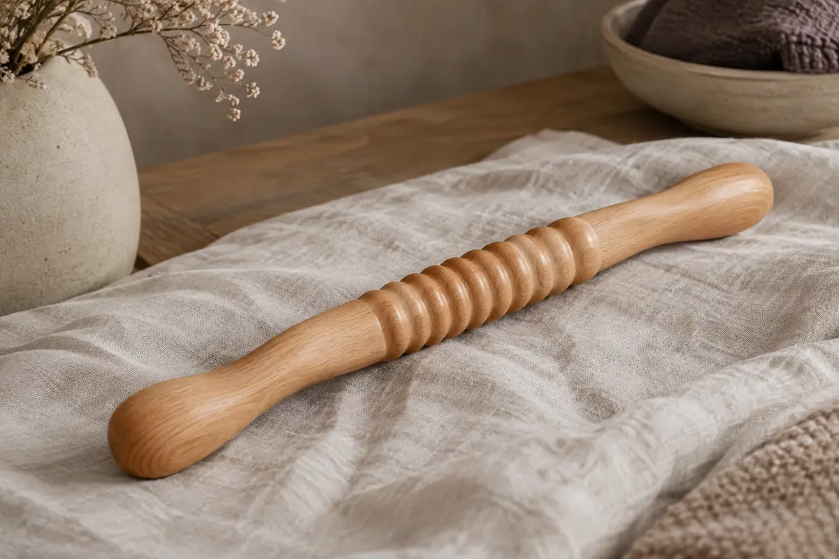 Rouleau de massage corporel courbé en bois posé sur du lin dans un intérieur calme.