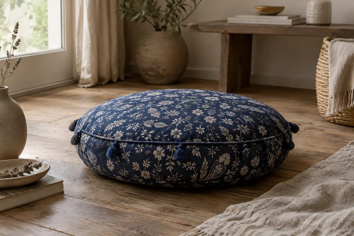 Coussin de méditation rond bleu marine à pompons posé sur un parquet dans un intérieur calme