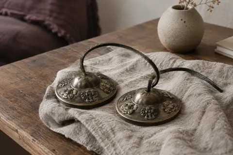 Paire de cymbales Tingsha en bronze avec motifs en relief, posée sur du lin près d’une table en bois.