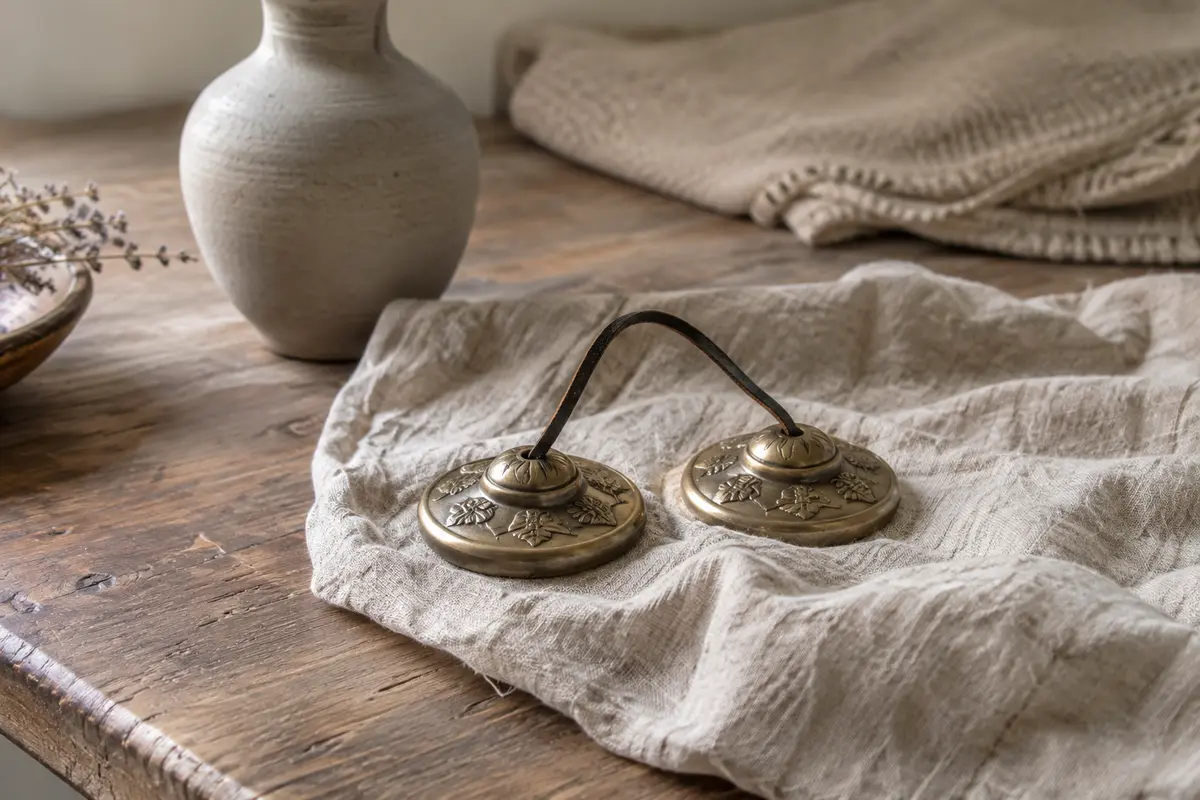 Paire de cymbales Tingsha en métal bronze posée sur du lin dans un intérieur calme