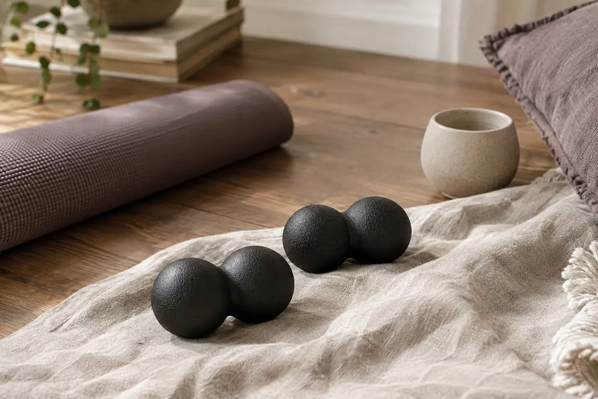 Deux balles de massage noires en forme de cacahuète posées sur du lin dans un intérieur calme