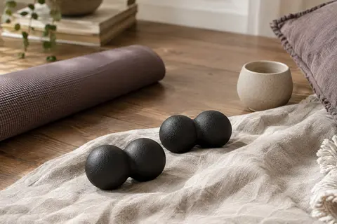 Deux balles de massage noires en forme de cacahuète posées sur du lin dans un intérieur calme