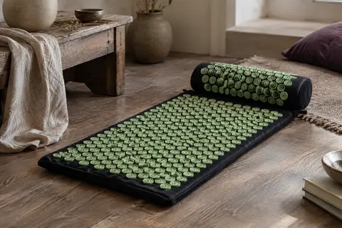 Tapis d’acupression noir et vert clair avec coussin, posé au sol dans un intérieur calme