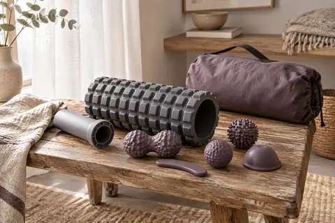 Kit de massage gris anthracite avec rouleau en mousse, accessoires, noyau amovible et sac de transport
