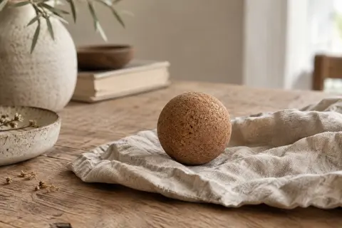 Balle de massage sphérique en liège brun posée sur du lin froissé dans un intérieur calme