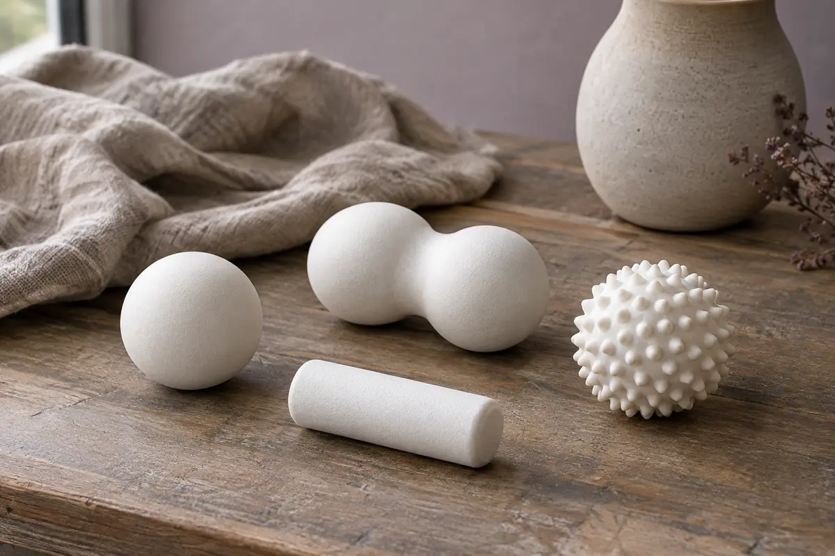 Quatre accessoires blancs de massage, balle lisse, balle double, petit rouleau et balle hérisson