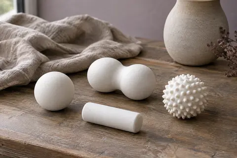 Quatre accessoires blancs de massage, balle lisse, balle double, petit rouleau et balle hérisson