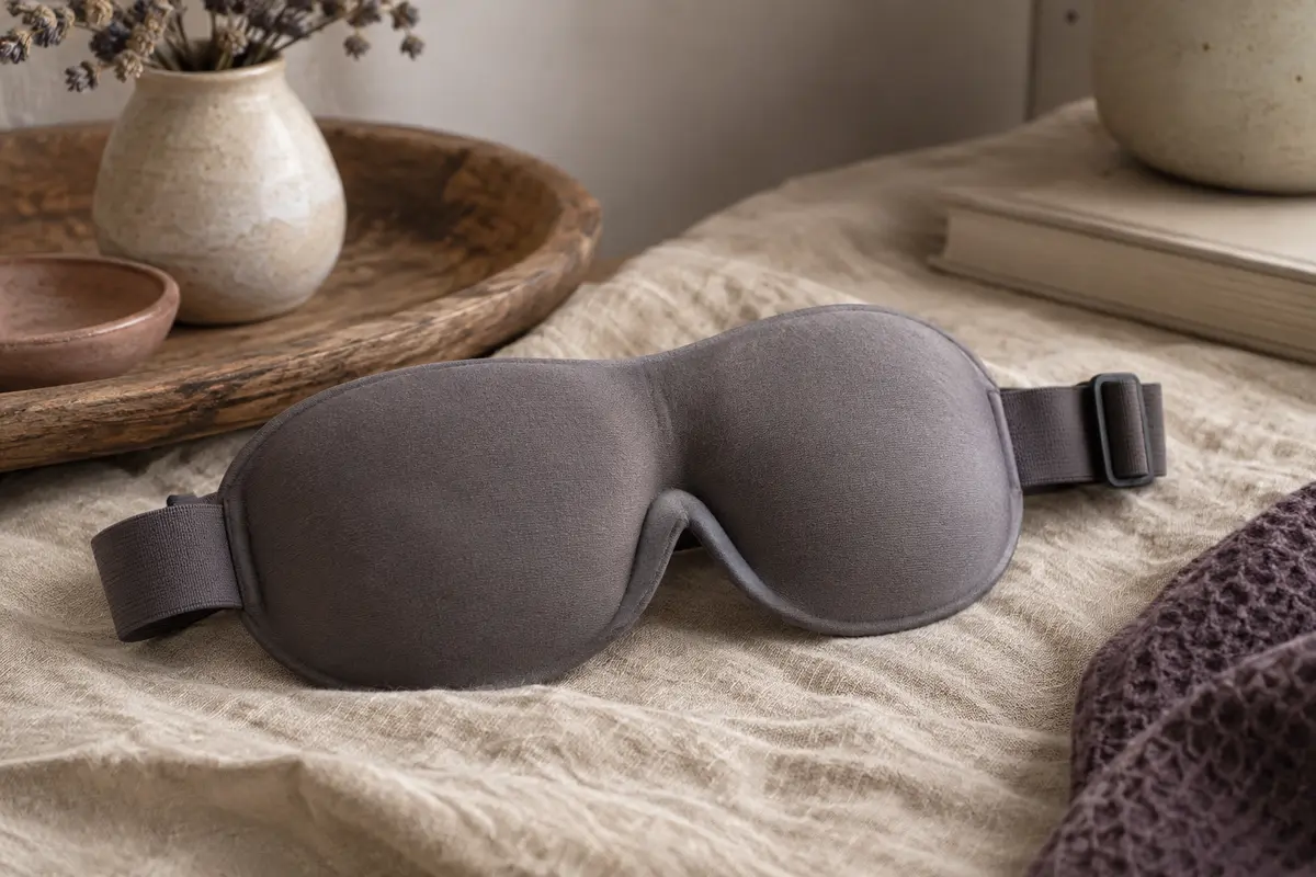 Masque de nuit gris à coques 3D profondes et sangle réglable posé sur du lin froissé