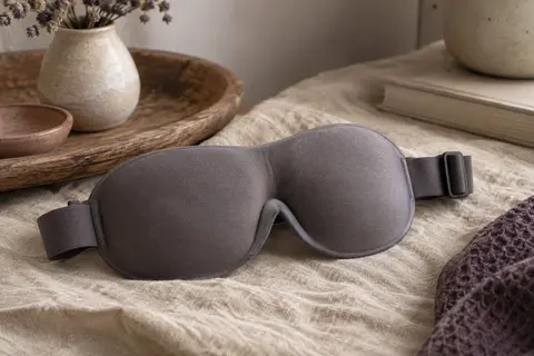 Masque de nuit gris à coques 3D profondes et sangle réglable posé sur du lin froissé