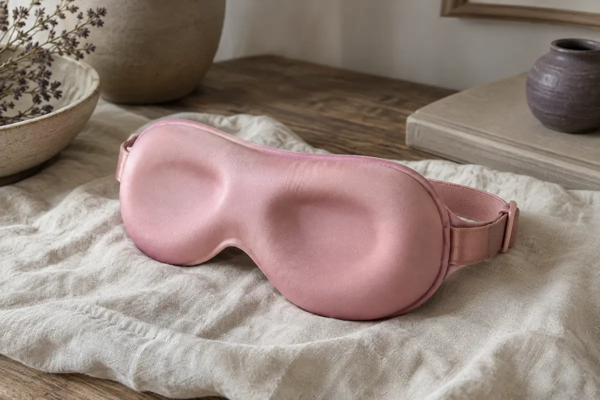 Masque de sommeil 3D rose à cavités oculaires, posé sur du lin dans un intérieur calme