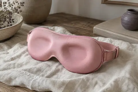 Masque de sommeil 3D rose à cavités oculaires, posé sur du lin dans un intérieur calme