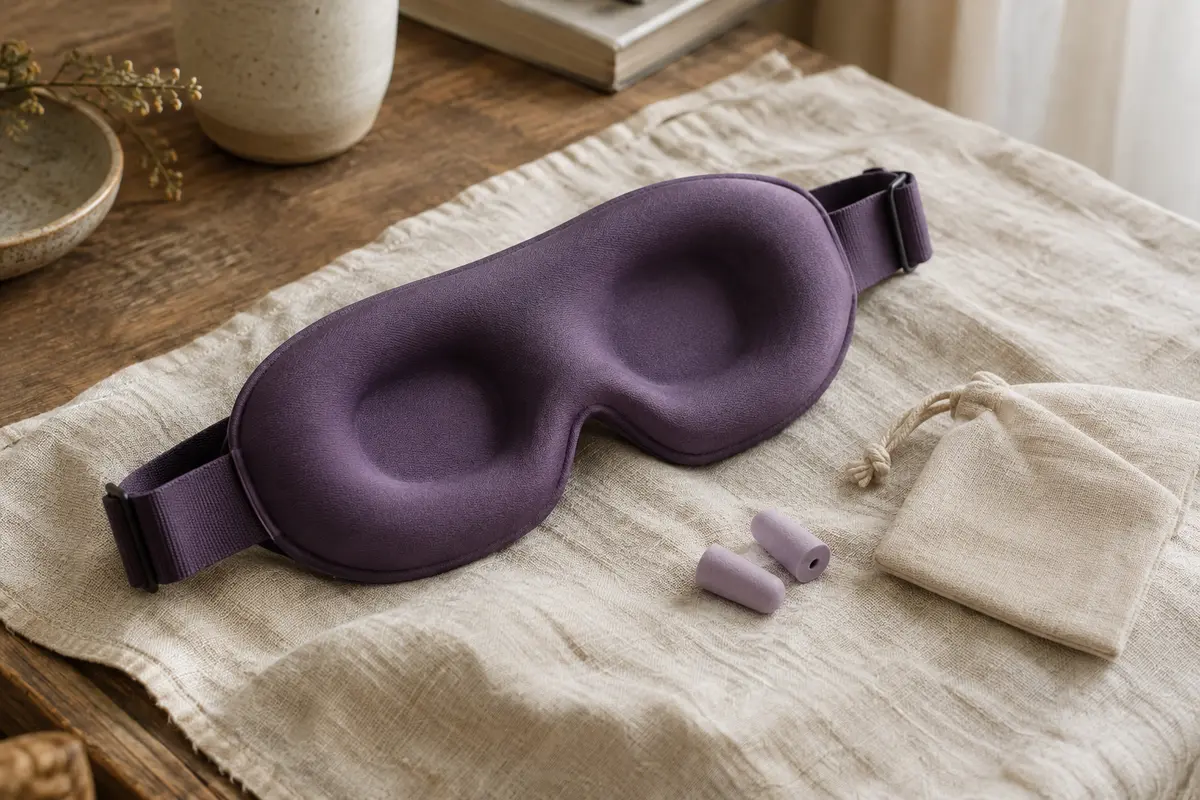 Masque de sommeil violet 3D à cuvettes profondes posé sur du lin avec sa pochette et ses bouchons d’oreille