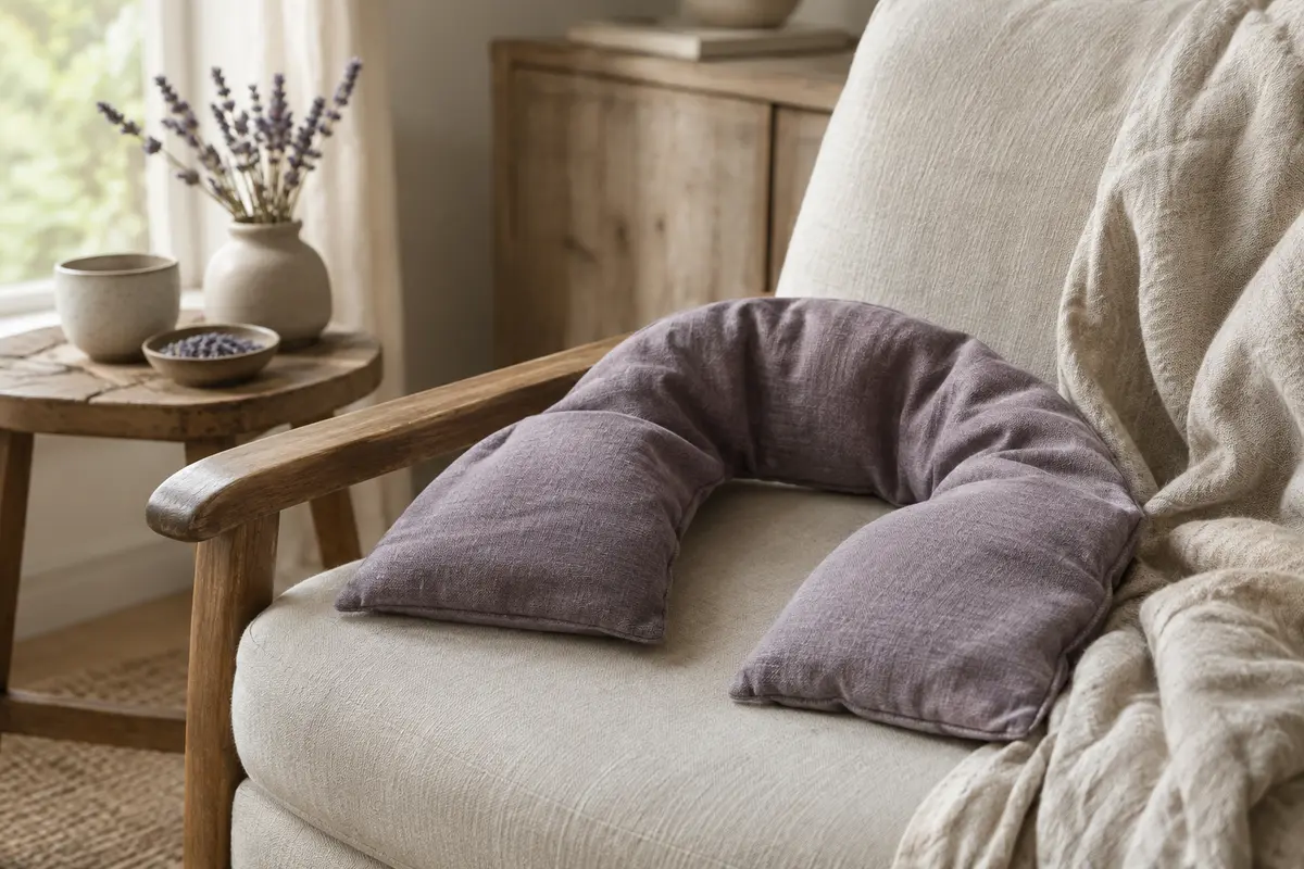 Coussin chauffant cervical en coton posé sur un plaid froissé dans un intérieur calme