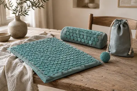 Kit d’acupression gris-turquoise avec tapis à pointes, coussin, boule de massage et sac
