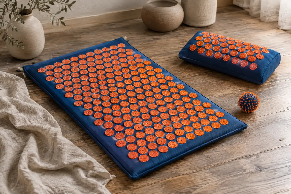 Kit d’acupression Fitem bleu et orange avec tapis XL, coussin rectangulaire et boule de massage