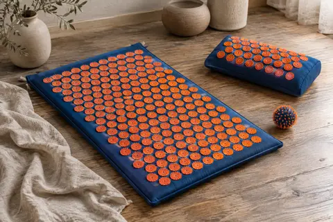 Kit d’acupression Fitem bleu et orange avec tapis XL, coussin rectangulaire et boule de massage