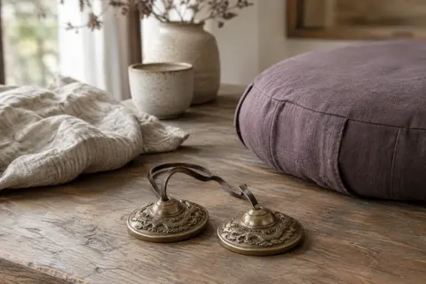 Clochettes tingsha en laiton au motif dragon posées sur du bois près d’un coussin de méditation