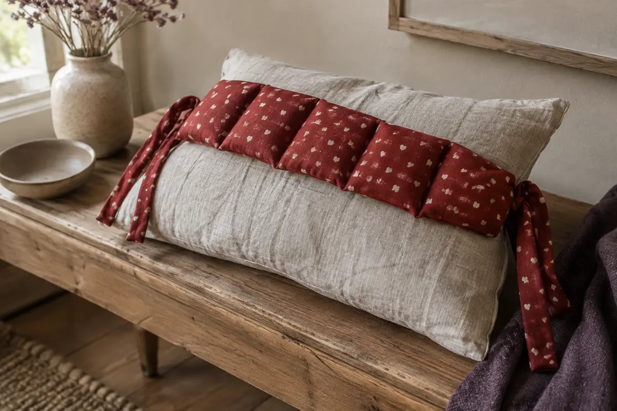 Coussin rouge à cœurs garni de noyaux de cerises, avec sept compartiments et deux sangles