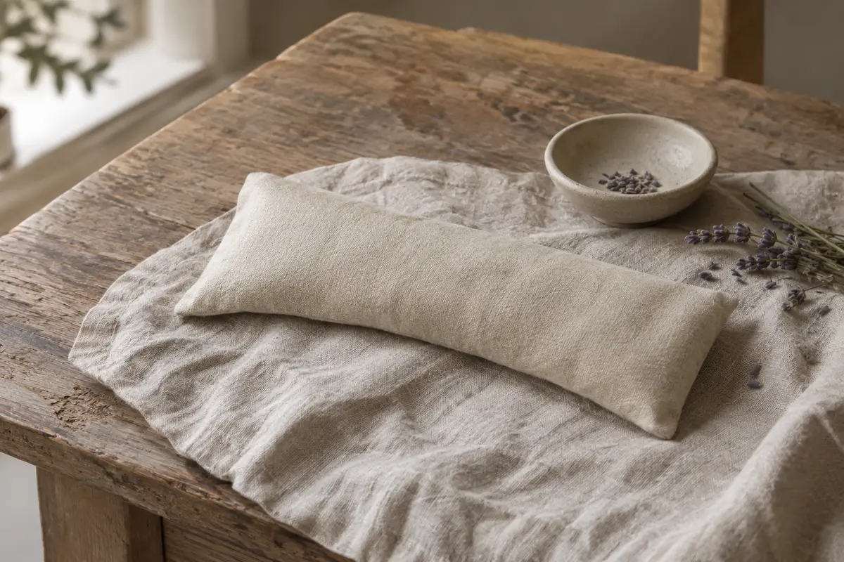 Coussin pour les yeux en flanelle naturelle posé sur du lin froissé dans un intérieur calme.