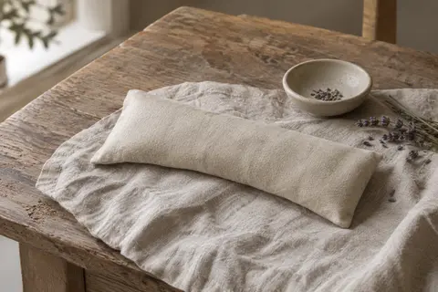 Coussin pour les yeux en flanelle naturelle posé sur du lin froissé dans un intérieur calme.