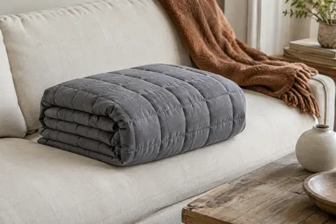 Couverture lestée grise en polyester, matelassée en compartiments et posée sur un canapé en lin clair.