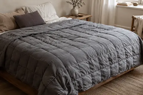Couverture lestée grise au matelassage dense étalée sur un lit dans un intérieur calme et lumineux