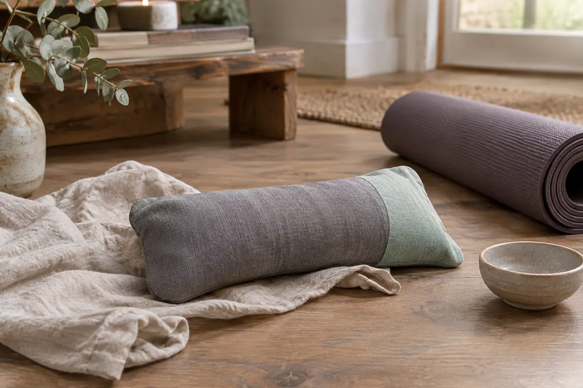 Coussin pour les yeux gris et menthe posé sur du lin froissé dans un intérieur calme