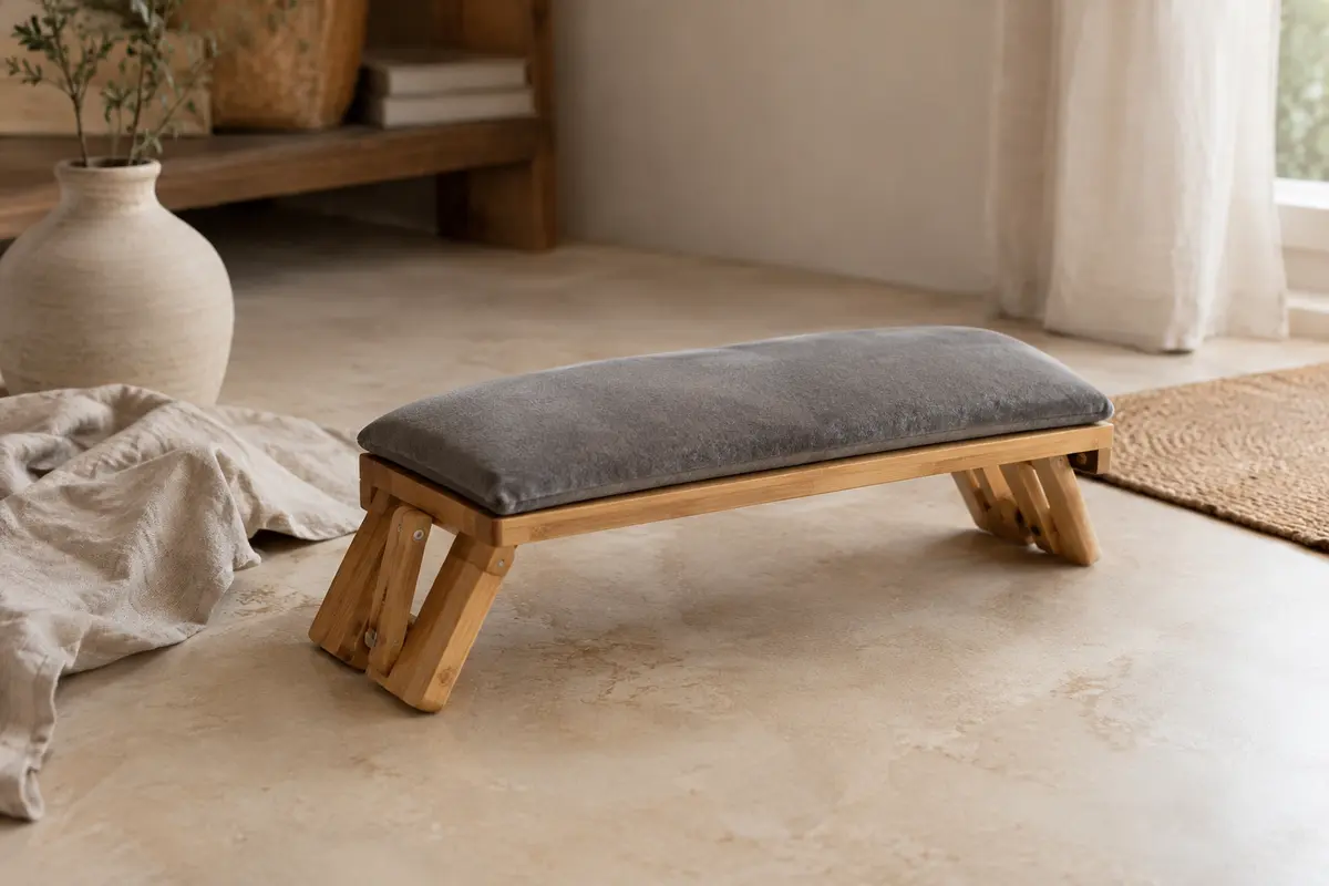 Banc de méditation pliable en bambou avec coussin gris en velours, posé dans un intérieur calme.