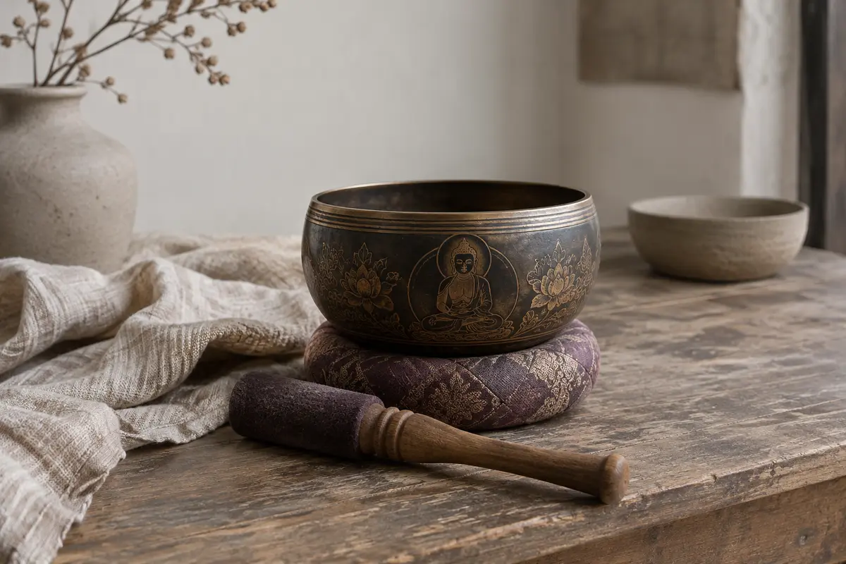 Bol chantant tibétain noir à motif Bouddha, avec son maillet en bois et son coussin décoratif