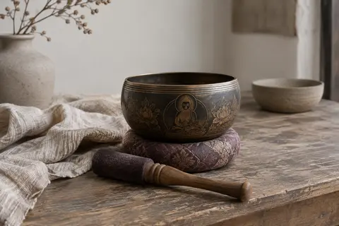 Bol chantant tibétain noir à motif Bouddha, avec son maillet en bois et son coussin décoratif
