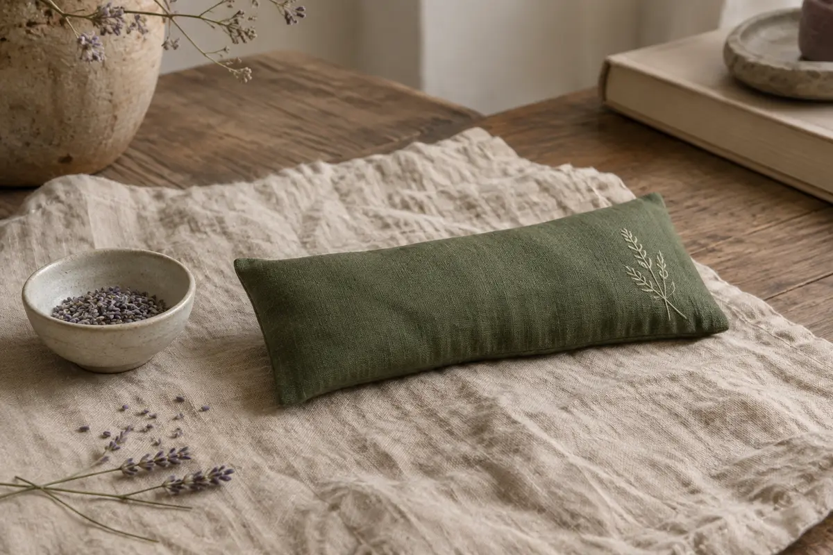 Coussin lesté pour les yeux en lin vert posé sur du lin froissé, près de lavande séchée