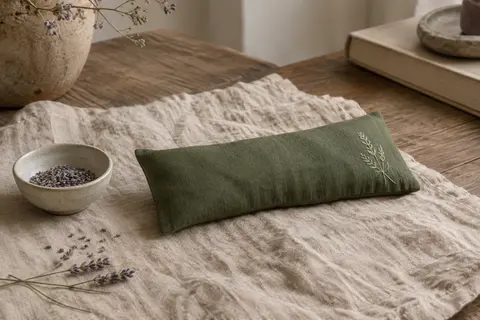 Coussin lesté pour les yeux en lin vert posé sur du lin froissé, près de lavande séchée
