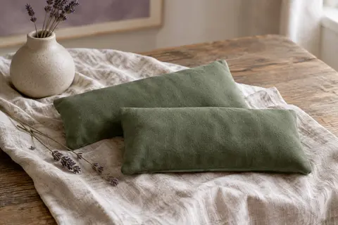 Deux coussins verts pour les yeux en coton posés sur du lin froissé dans un intérieur calme