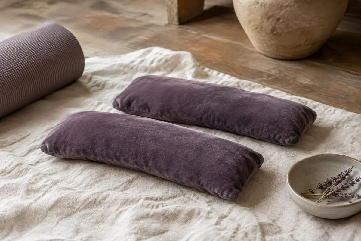 Deux coussins violets pour les yeux posés sur du lin, près d’un tapis et de brins de lavande.