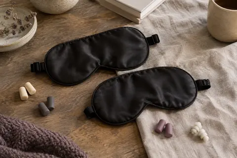 Deux masques de sommeil noirs en soie avec sangles réglables et quatre paires de bouchons d’oreille