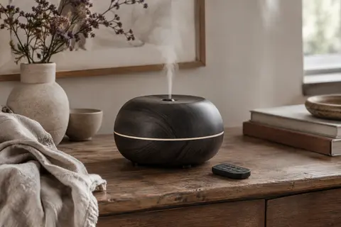Diffuseur d’arômes noir à finition bois posé sur un meuble patiné, avec sa télécommande à proximité