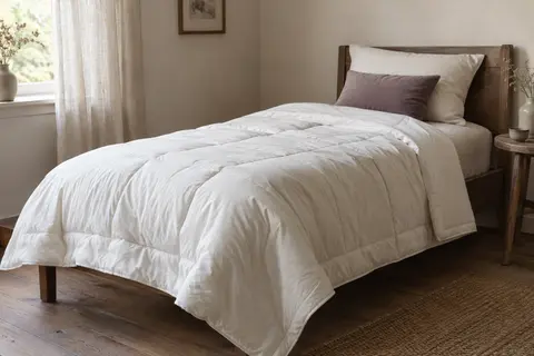 Couverture lestée blanche de 135 x 200 cm posée sur un lit dans un intérieur calme
