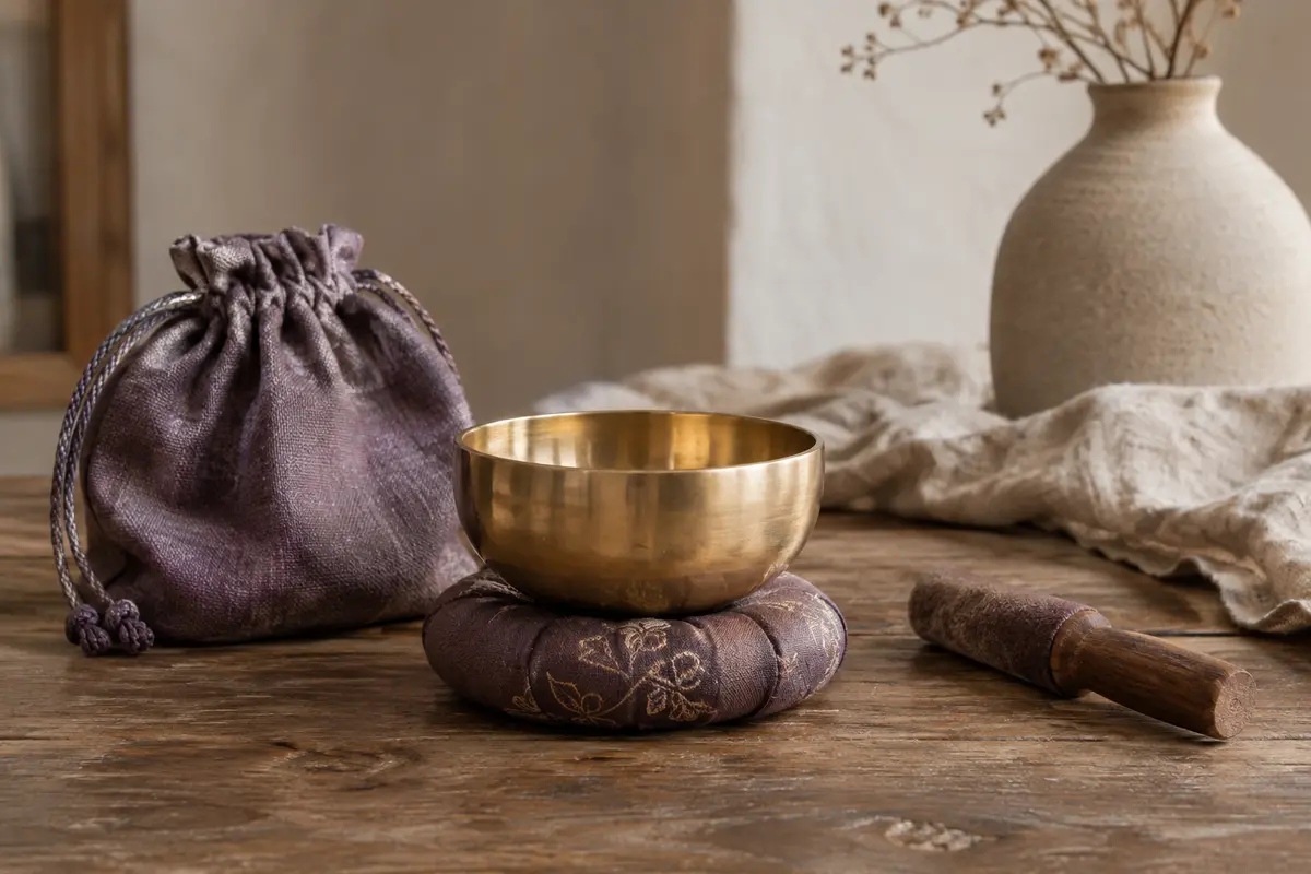 Bol chantant en laiton doré avec maillet en bois, coussin en soie et sac en tissu