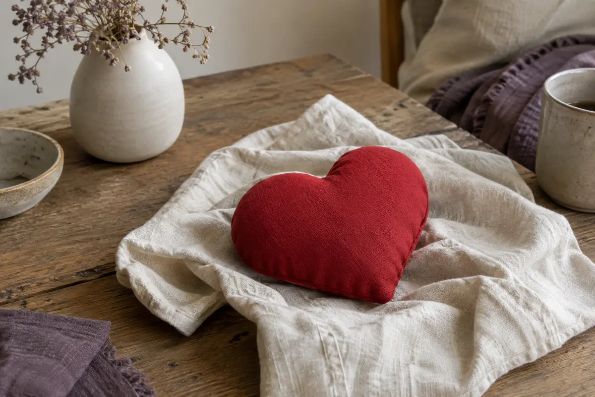 Coussin chauffant rouge en forme de cœur posé sur du lin froissé dans un intérieur calme