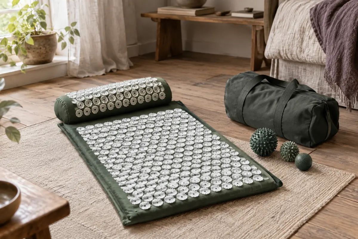 Tapis d’acupression vert et blanc avec coussin, balles de massage et sac de voyage