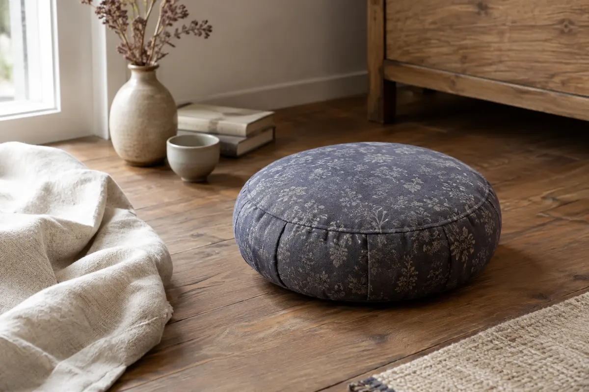 Coussin de méditation rond en coton indigo grisé à motif floral, posé sur un sol en bois dans un intérieur calme.