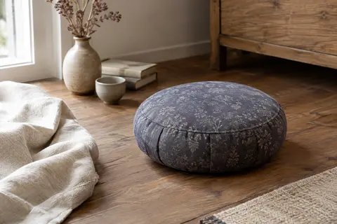 Coussin de méditation rond en coton indigo grisé à motif floral, posé sur un sol en bois dans un intérieur calme.