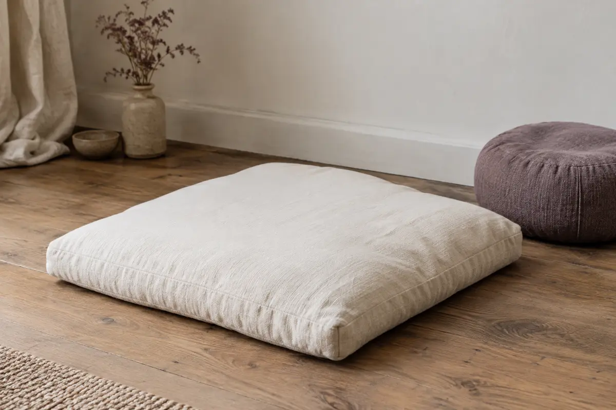 Tapis de méditation Zabuton en coton blanc naturel posé au sol près d’un coussin d’assise